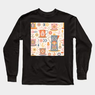 Scandinavian Coffee Break featuring  floral folk art decorated coffee pots and cups in blue, orange, pink and yellow Long Sleeve T-Shirt